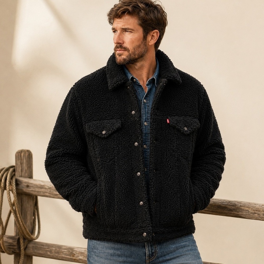 Levi's Men's Cozy Vintage Fit Sherpa Trucker Jacket Black Teddy Fleece Large